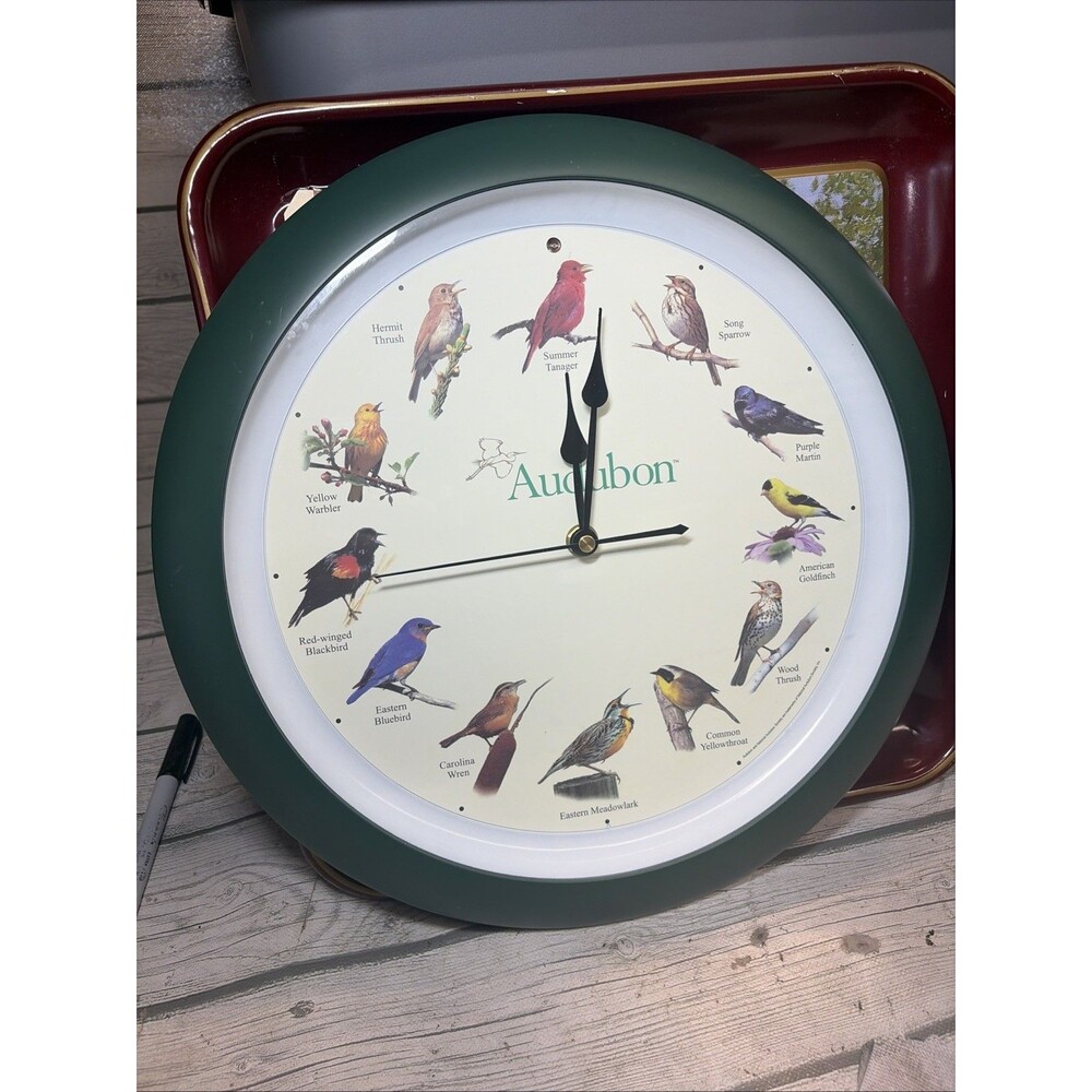 Audubon Society Singing Bird Wall Clock, Green Frame, 13" North American Birds